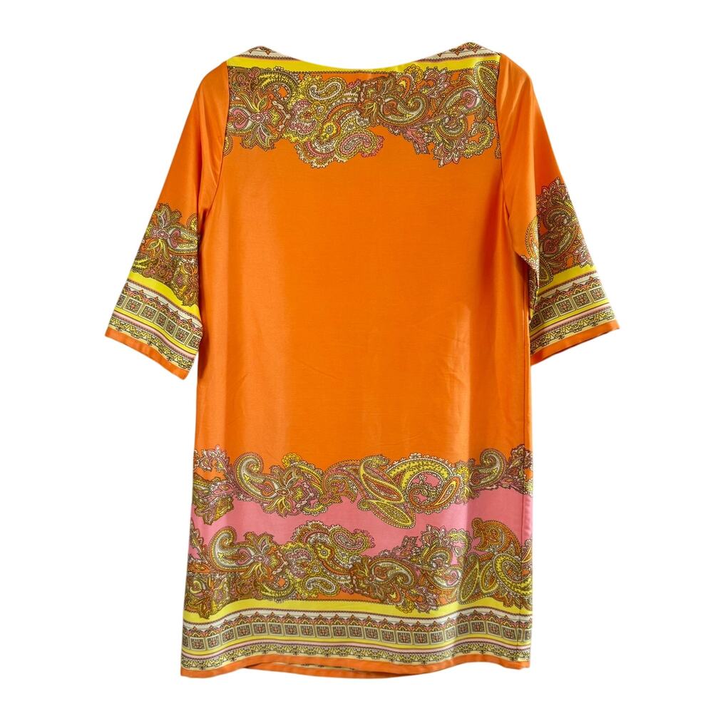 H&M Sheath Dress 10 Boho Paisley‎ Satin Orange Pink Retro Festival Vacation - Picture 2 of 9